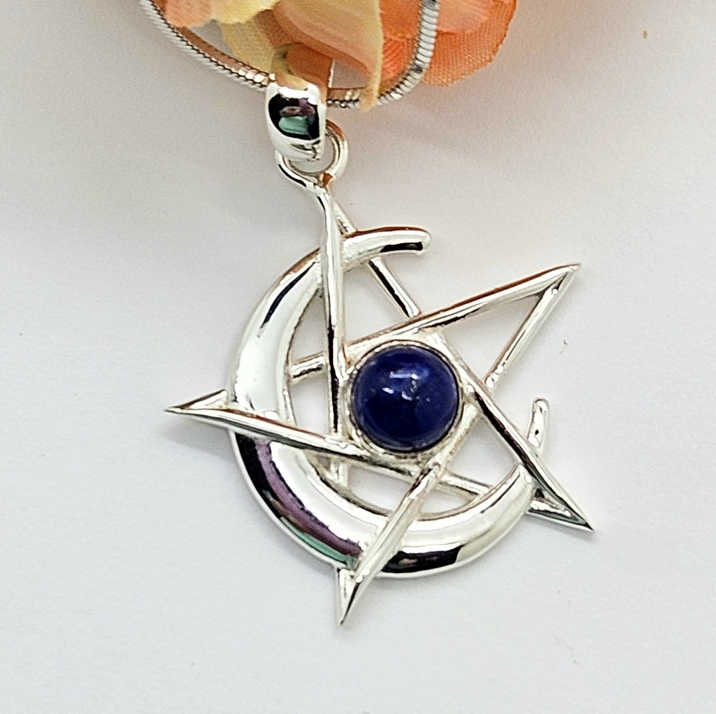 Lapis Pentacle And Moon Sterling Silver Pendant